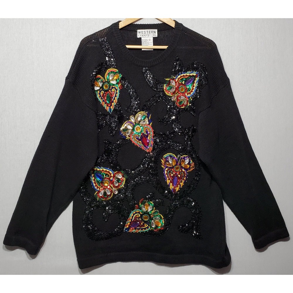 Vintage 90s Sweater Faux Gemstone Beaded Sequin Pullover Crewneck Sweater - L